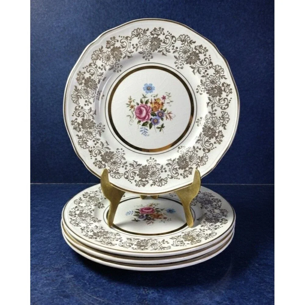 Vintage Alfred Meakin Golden Posy Dessert Plates 6.5” Set of 4 22K Gold England